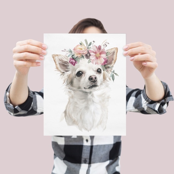 Watercolor White Chihuahua with Flowers Portrait Wall Art Print Poster Unframed - Picture 4 of 6